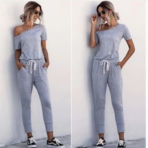 Boho heather gray off shoulder boho waist tie pocket jumpsuit